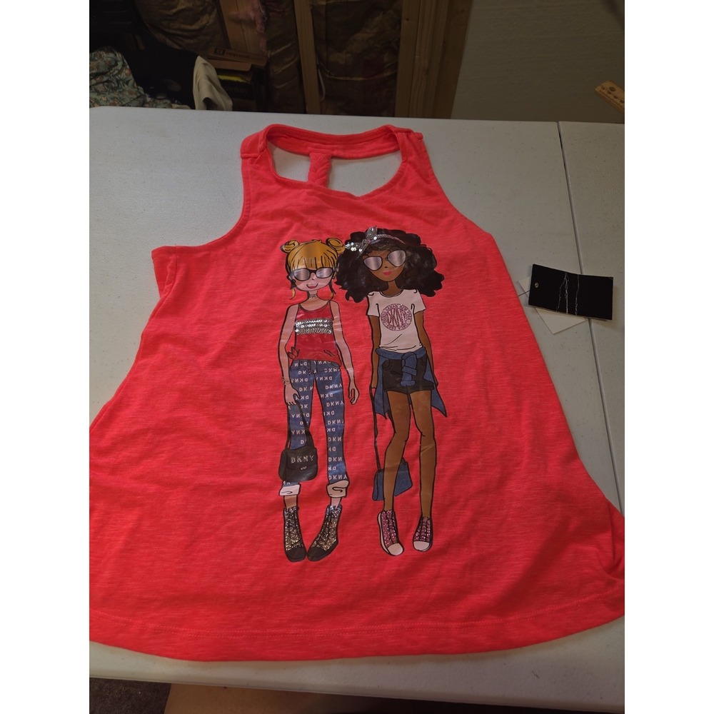 DKNY Girls Diva Pink Sequin Glitter Graphic Racerback Tank Top NWT